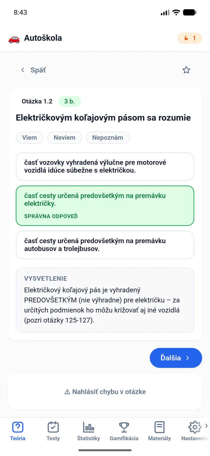 Detail otázky s možnosťami odpovede a vysvetlením správneho riešenia