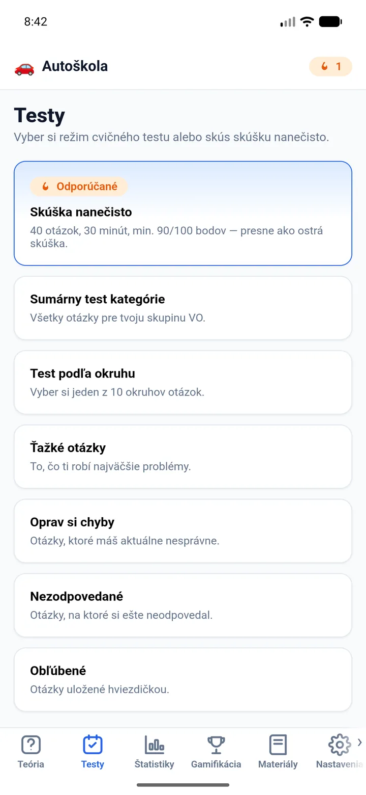 Výber typu testu v aplikácii DRIVER READY vrátane skúšky nanečisto