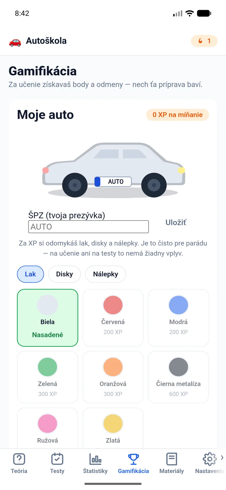 Obrazovka gamifikácie v aplikácii DRIVER READY s úrovňami, sériou dní a odznakmi