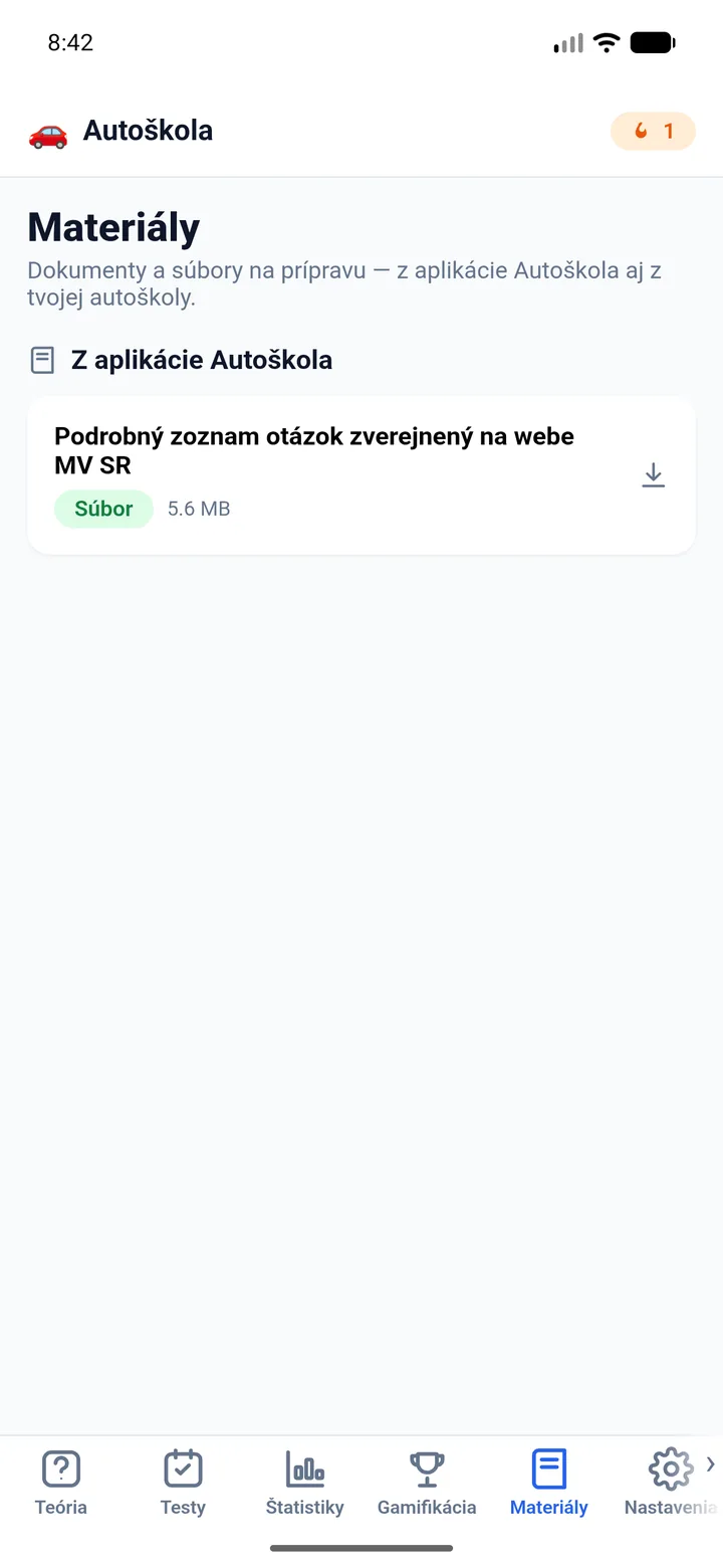 Zoznam študijných materiálov od autoškoly v aplikácii