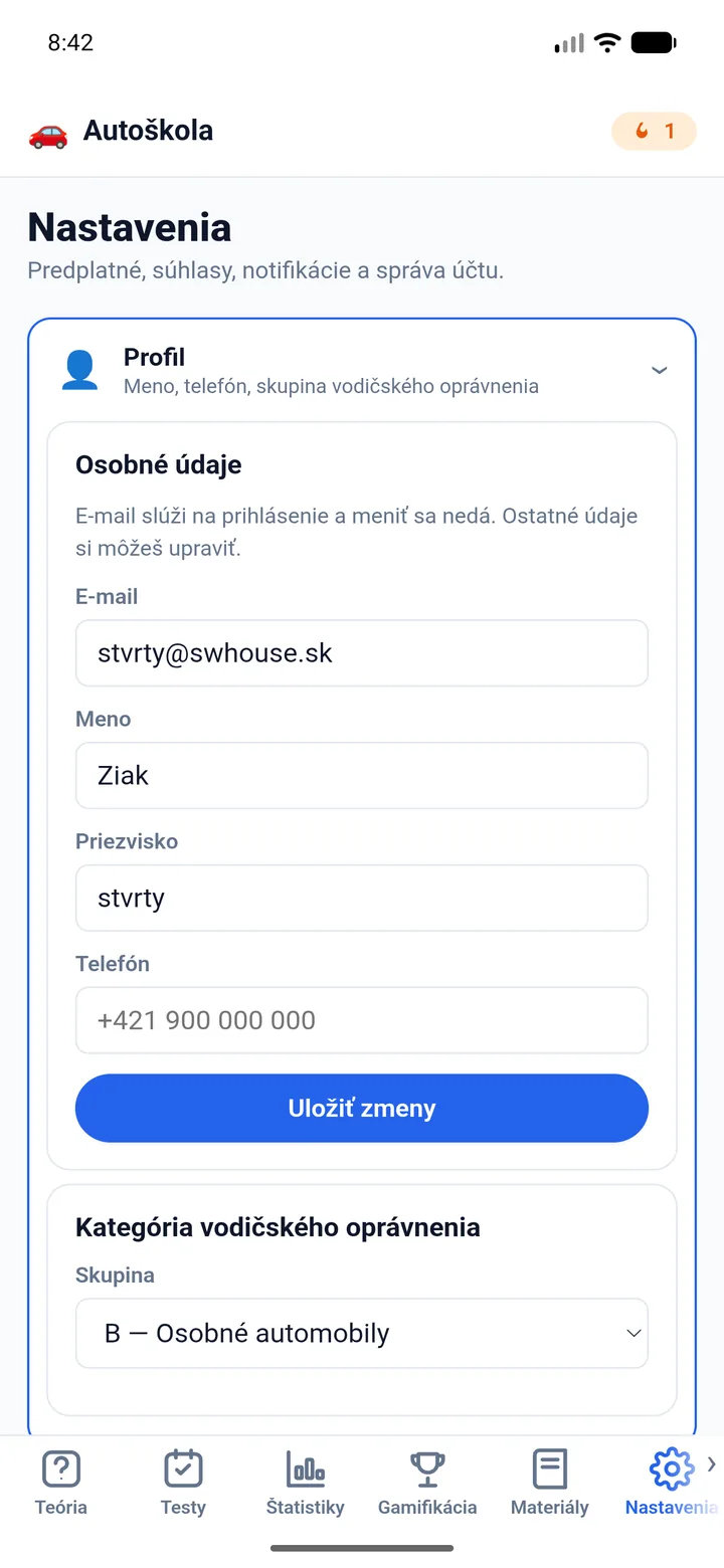 Nastavenia aplikácie s prepínačmi jednotlivých typov notifikácií