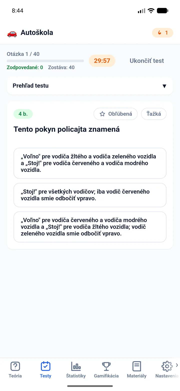 Priebeh skúšky nanečisto s časomierou a navigáciou po otázkach