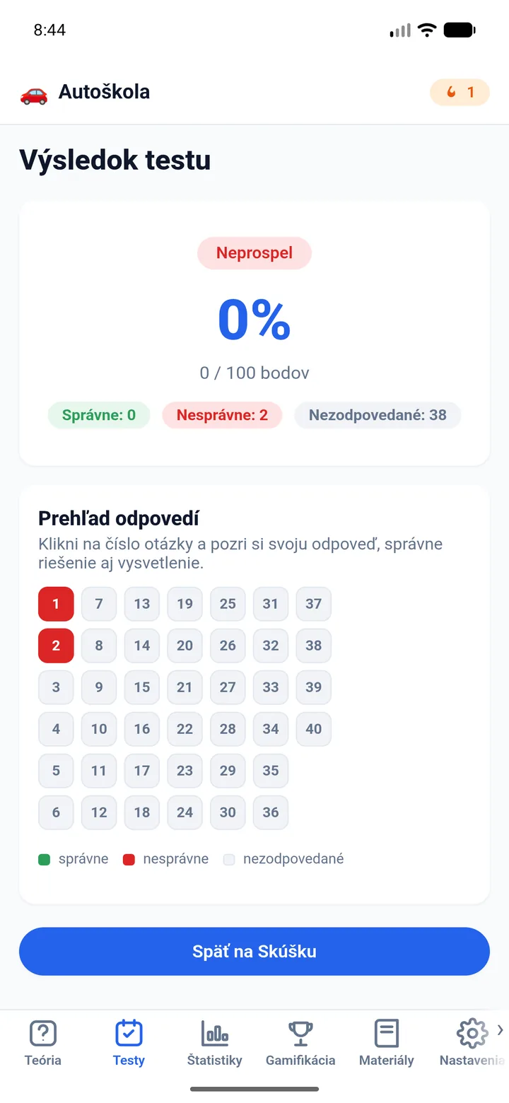 Výsledok skúšky nanečisto s bodovým hodnotením a stavom prospel